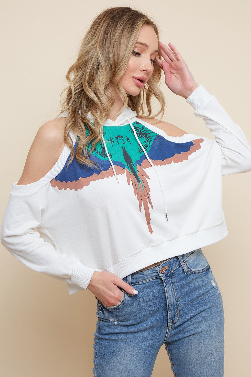 Graphic Cold Shoulder Cropped Hoodie
