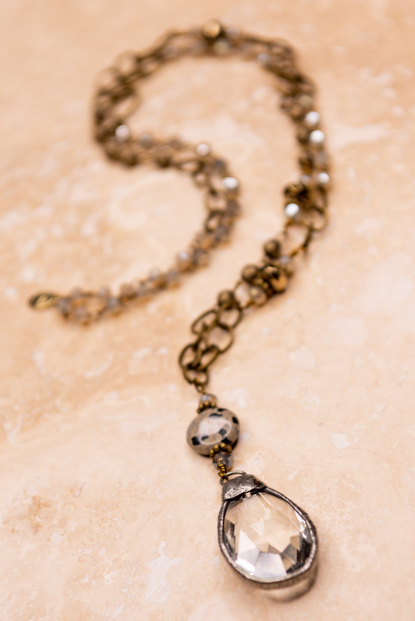 Dalmation Stone and Crystal Teardrop Beaded Necklace