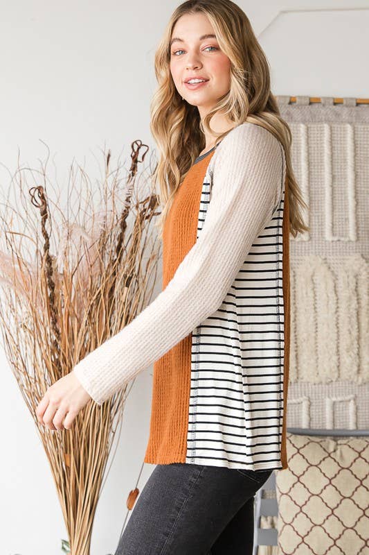Color Block and Striped Waffle Top