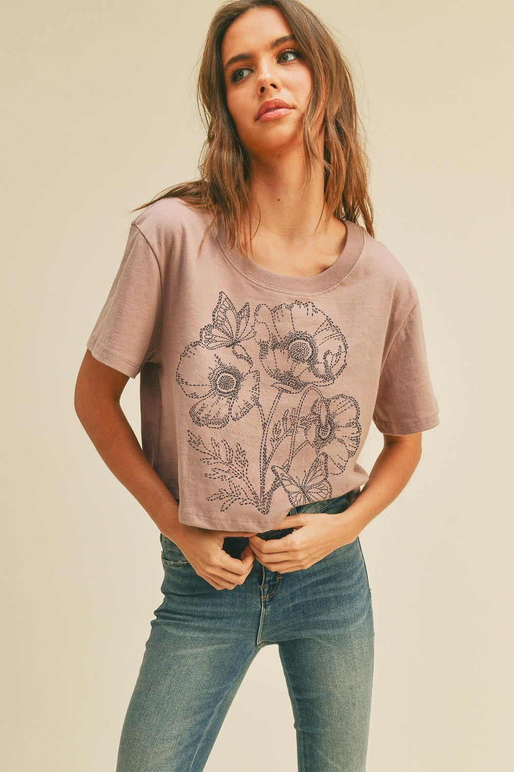 Flower Embroidery Graphic Cropped Tee