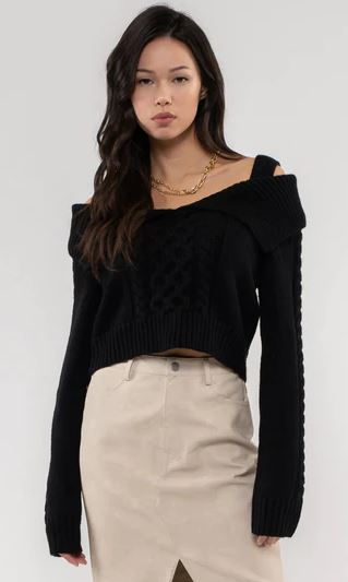 Off the Shoulder Cropped Cable Knit Sweater
