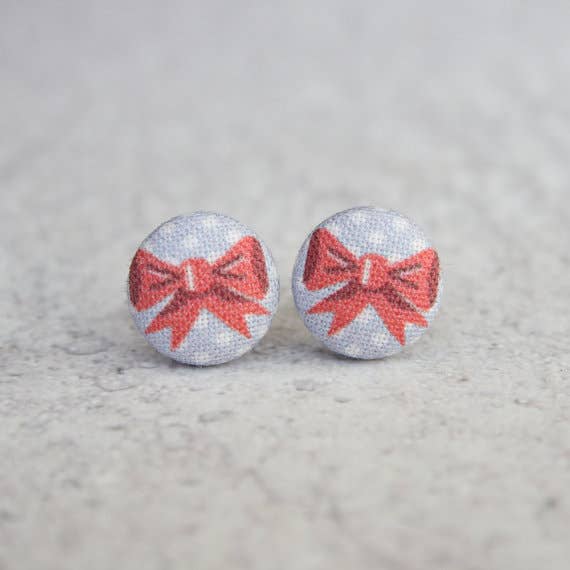 Polka Dot Bow Fabric Button Earrings