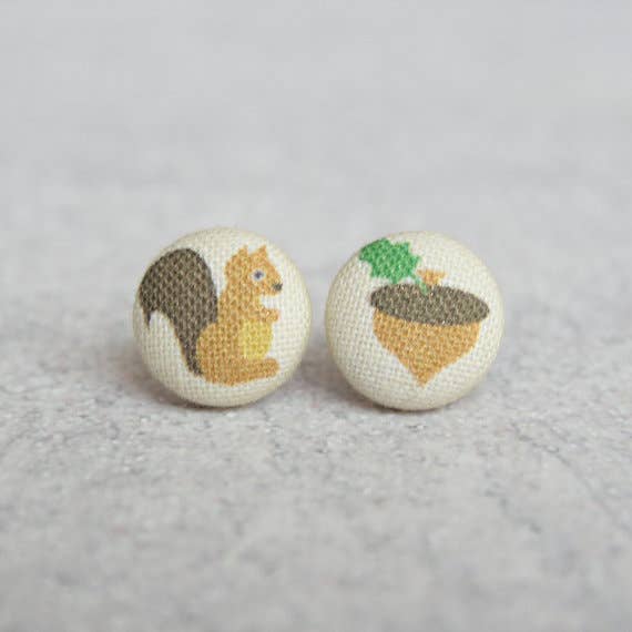 Squirrel and Acorn Fabric Button Earrings