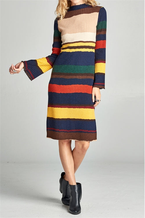 Midi Length Multi Colored Ribbed Dress