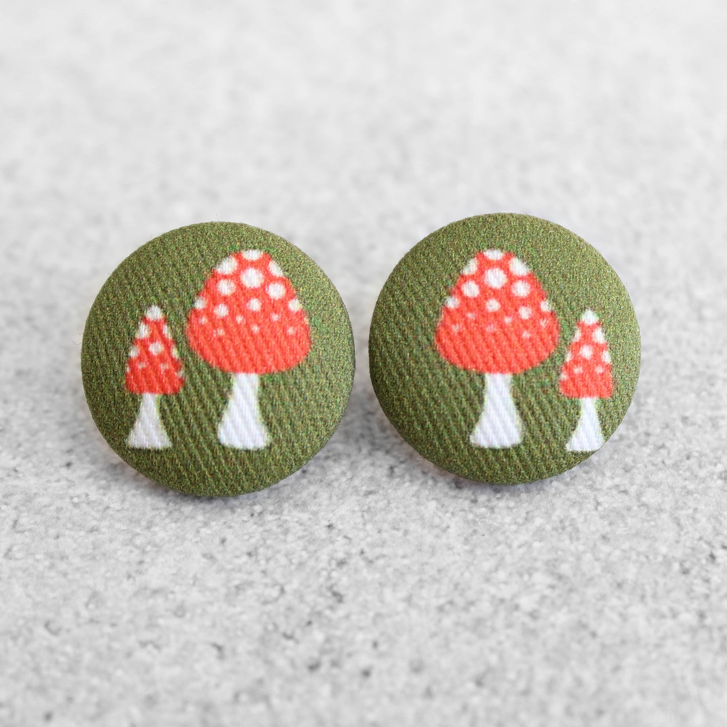 Bold 7/8 Inch Retro Mushrooms Fabric Button Earrings